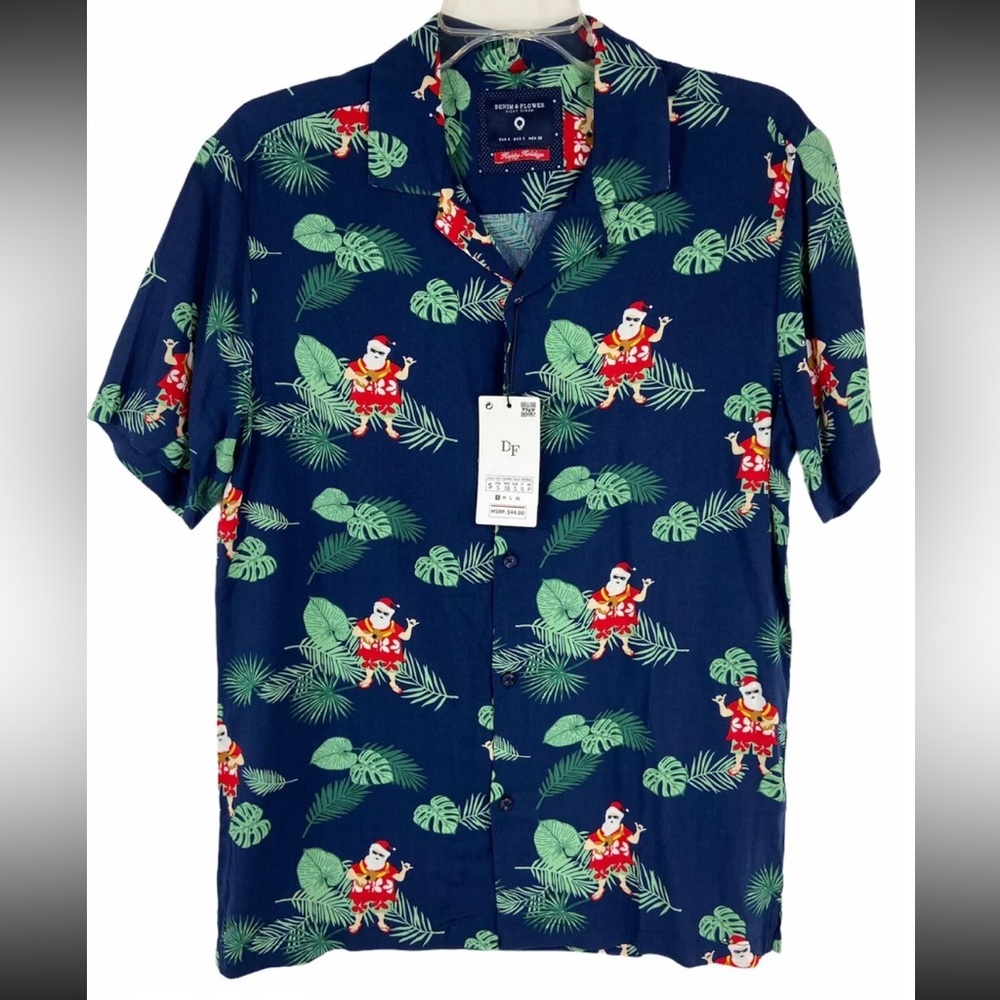 NEW Denim & Flower Ricky Singh Christmas Hawaiian Santa Shirt large MSRP $44